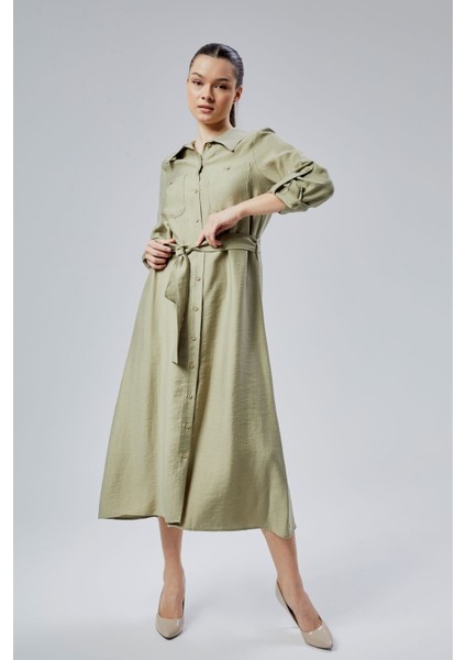 Yeşil Regular Fit Kuşak Kemerli Gömlek Elbise