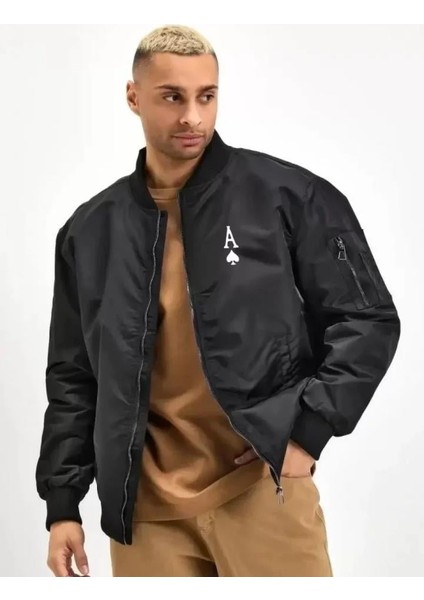 Unisex Uzun Kol Baskılı Bomber Ceket - Siyah fiyatları