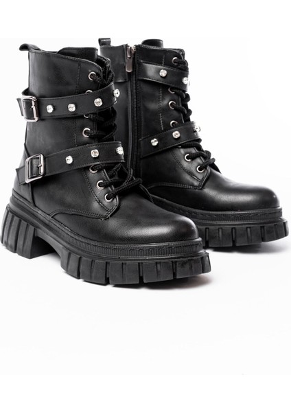 842-03 Siyah Bağcıklı Kalın Tabanlı Bağcıklı Fermuarlı Günlük Kadın Bot fırsatları