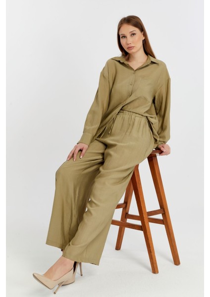 Kadın Haki Bol Paça Dokuma Pantolon