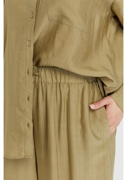 Kadın Haki Bol Paça Dokuma Pantolon