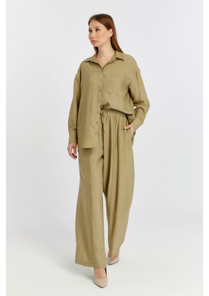 Kadın Haki Bol Paça Dokuma Pantolon