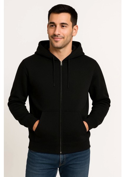 Erkek Üç Iplik Kapüşonlu Tam Fermuarlı Kanguru Çepli Sweatshirt Hoodie - Siyah fiyatları