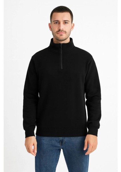 Erkek Dik Yaka Sweatshirt Dik Yaka Yarım Fermuarlı 3 Iplik Şardonlu Pamuk Kumaş - Siyah fiyatları