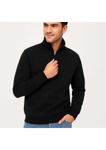 Erkek Dik Yaka Sweatshirt Dik Yaka Yarım Fermuarlı 3 Iplik Şardonlu Pamuk Kumaş - Siyah fırsatları