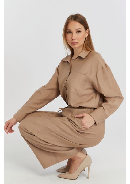 Kadın Camel Bol Paça Dokuma Pantolon