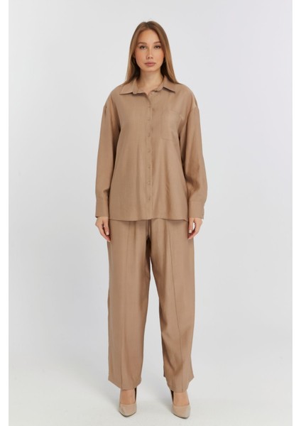 Kadın Camel Bol Paça Dokuma Pantolon