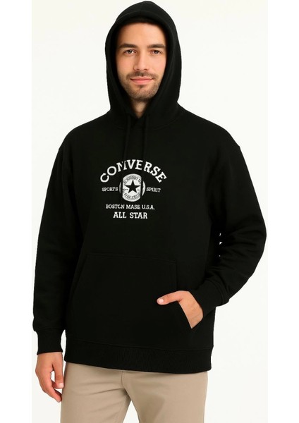 Üç Iplik Kapşonlu Ön ve Arka Baskılı Sweatshirt Hoodie- Siyah modelleri