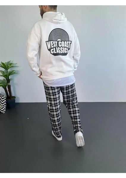 Erkek Baskılı Üç Iplik Kapüşonlu Oversize Sweatshirt - Beyaz indirimleri