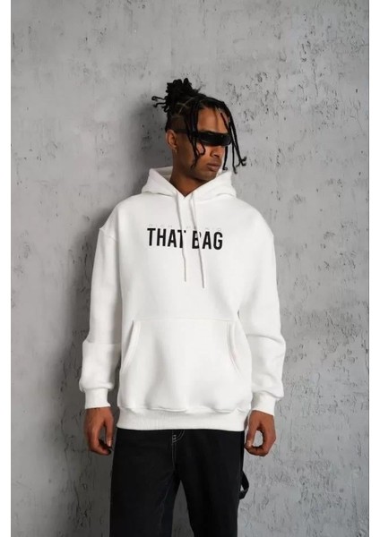 Erkek Kanguru Cep Baskılı Kapüşonlu Sweatshirt - Beyaz modelleri