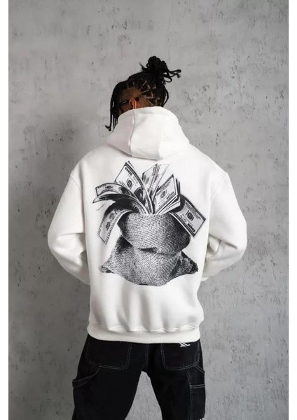 Erkek Kanguru Cep Baskılı Kapüşonlu Sweatshirt - Beyaz indirimleri