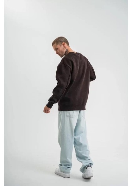 Polızeı Premium Kalite Bisiklet Yaka Yıkamalı Sweatshirt - Kahverengi indirimleri