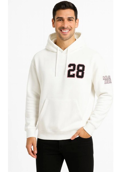 Üç Iplik Kapüşonlu Ön ve Arka Baskılı Sweatshirt Hoodie - Beyaz