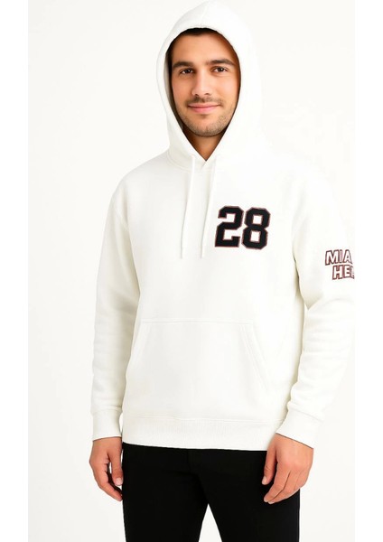 Üç Iplik Kapüşonlu Ön ve Arka Baskılı Sweatshirt Hoodie - Beyaz modelleri