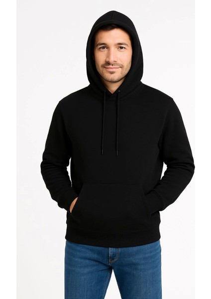 Erkek Üç Iplik Kapüşonlu Kanguru Cepli Sweatshirt Hoodie - Siyah fiyatları