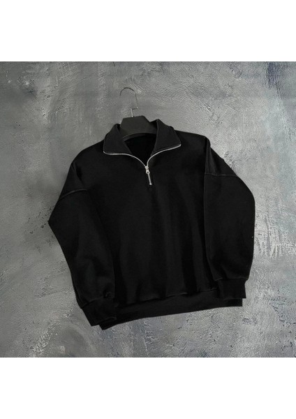 Erkek Yarım Fermuarlı Üç Iplik Sweatshirt - Siyah fırsatları