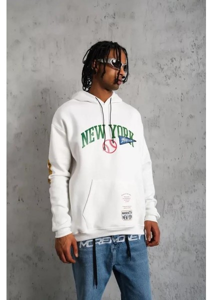 Erkek Baskılı Kapüşonlu Sweatshirt - Beyaz indirimleri