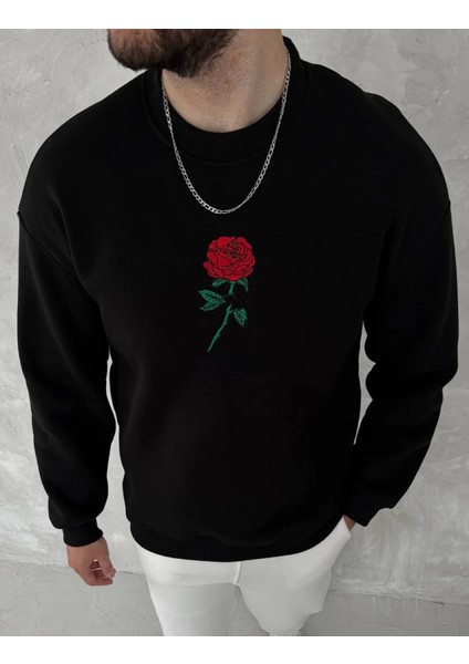 Unisex Bisiklet Yaka Ön ve Arka Baskılı Sweatshirt - Siyah fiyatları