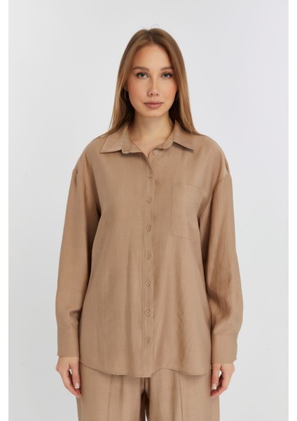 Kadın Camel Casual Oversize/geniş Kalıp Gömlek