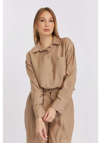 Kadın Camel Casual Oversize/geniş Kalıp Gömlek