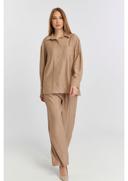 Kadın Camel Casual Oversize/geniş Kalıp Gömlek