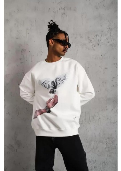 Erkek Güvercin Baskılı Sweatshirt - Beyaz modelleri