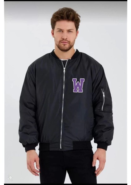 Unisex Uzun Kol Baskılı Bomber Ceket - Siyah