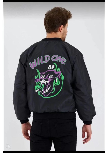 Unisex Uzun Kol Baskılı Bomber Ceket - Siyah fiyatları