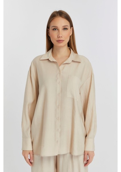 Kadın Bej Casual Oversize/geniş Kalıp Gömlek