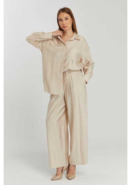 Kadın Bej Casual Oversize/geniş Kalıp Gömlek