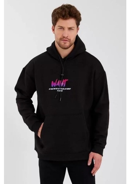 Erkek Baskılı Üç Iplik Kapüşonlu Oversize Sweatshirt - Siyah fırsatları