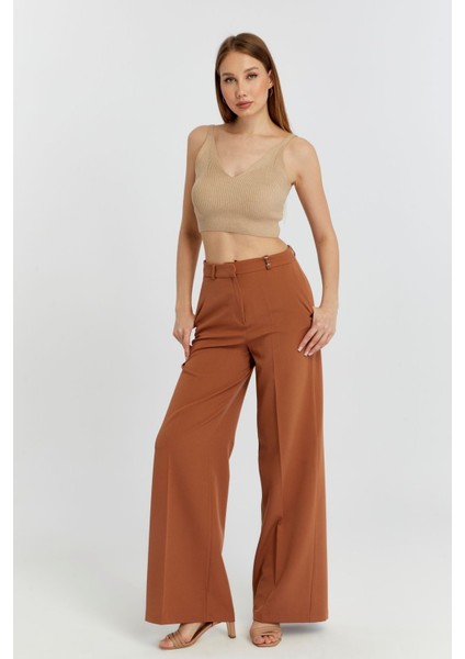 Taba Rengi Palazzo Geniş Paça Dokuma Kumaş Pantolon