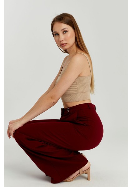 Bordo Palazzo Geniş Paça Dokuma Kumaş Pantolon