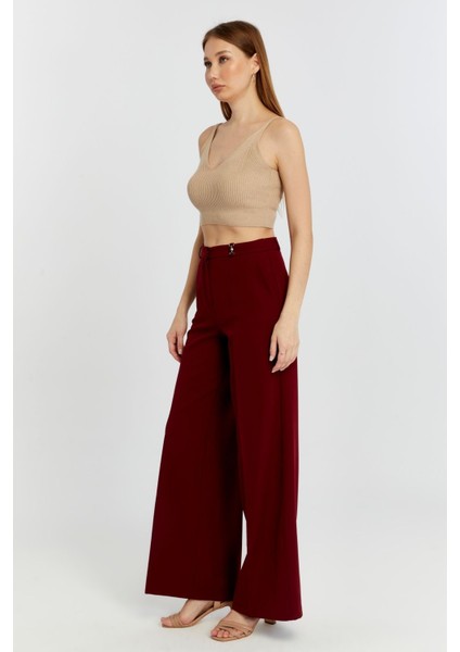Bordo Palazzo Geniş Paça Dokuma Kumaş Pantolon