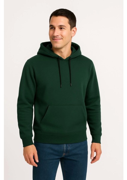 Erkek Üç Iplik Kapüşonlu Kanguru Cepli Sweatshirt Hoodie - Haki
