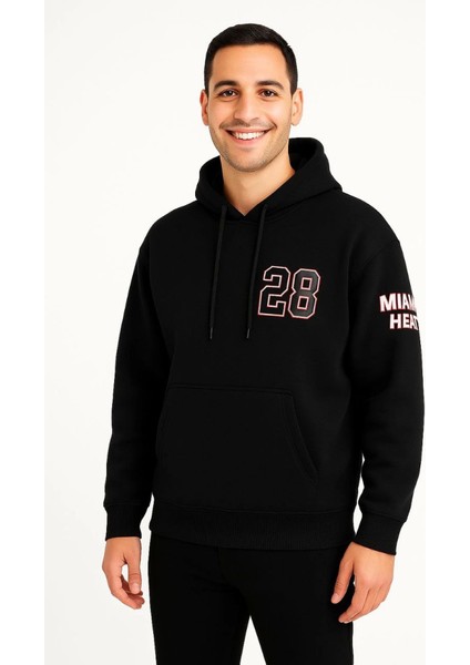 Üç Iplik Kapüşonlu Ön ve Arka Baskılı Sweatshirt Hoodie - Siyah fırsatları