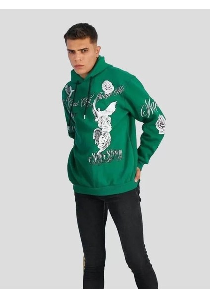 Erkek Kapüşonlu Strong Heykel Baskılı Sweatshirt - Yeşil modelleri