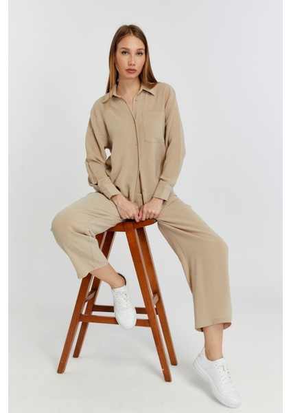 Kadın Bej Casual Salaş Kalıp Gömlek