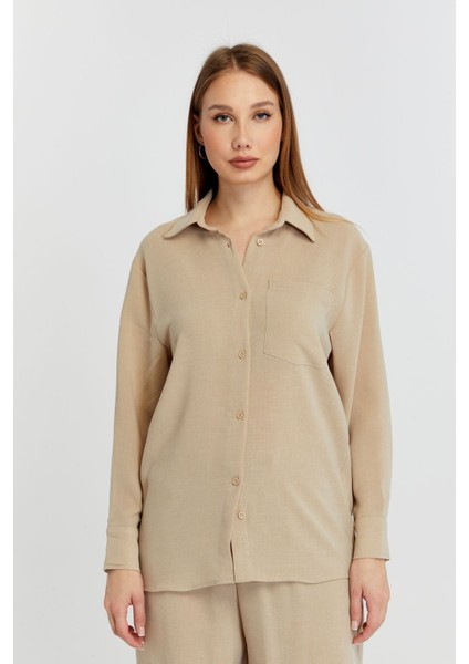 Kadın Bej Casual Salaş Kalıp Gömlek
