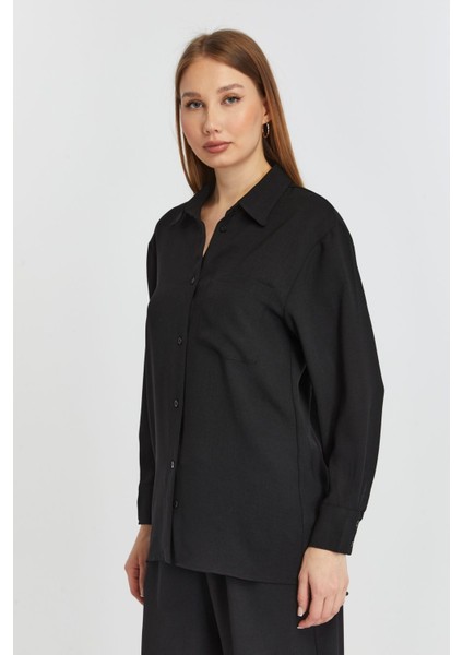 Kadın Siyah Casual Salaş Kalıp Gömlek
