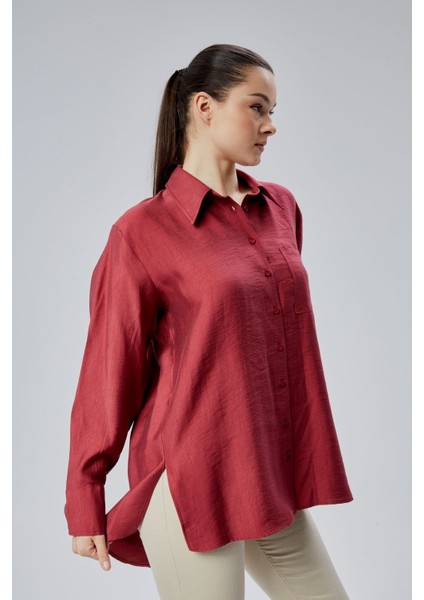 Bordo Yırtmaç Detaylı Oversize Gömlek