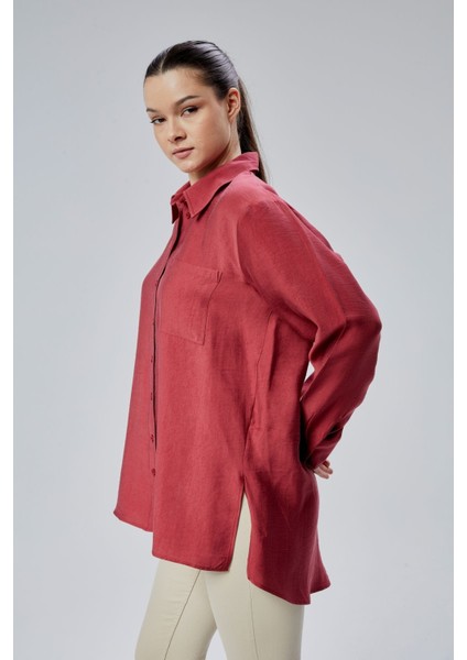 Bordo Yırtmaç Detaylı Oversize Gömlek