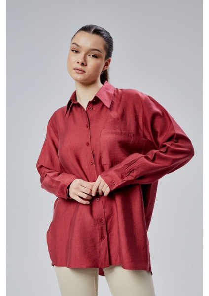 Bordo Yırtmaç Detaylı Oversize Gömlek