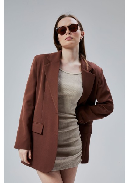 Kadın Oversize Düz Kesim Astarlı Dokuma Blazer Ceket
