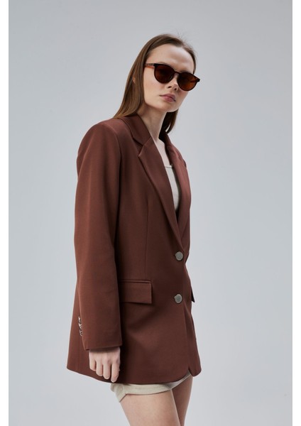 Kadın Oversize Düz Kesim Astarlı Dokuma Blazer Ceket