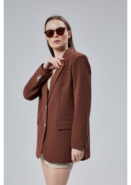 Kadın Oversize Düz Kesim Astarlı Dokuma Blazer Ceket