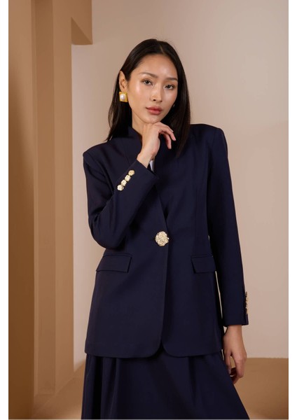 Lacivert Salaş Kesim Düğme Detaylı Dokuma Blazer Ceket