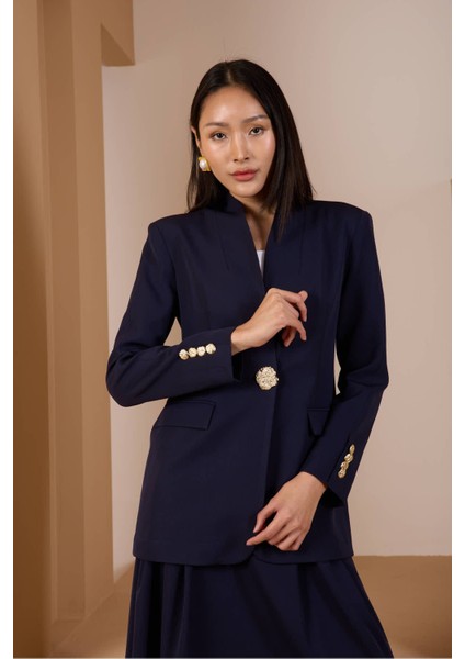 Lacivert Salaş Kesim Düğme Detaylı Dokuma Blazer Ceket