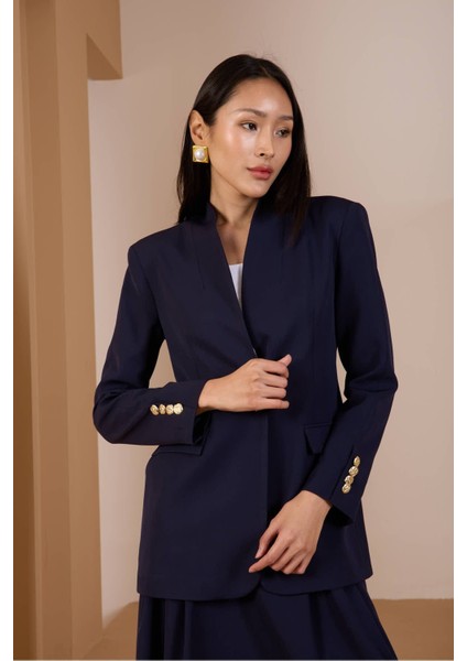 Lacivert Salaş Kesim Düğme Detaylı Dokuma Blazer Ceket