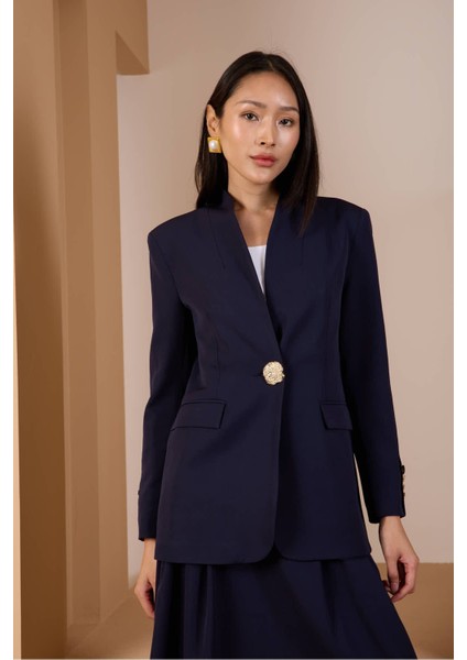 Lacivert Salaş Kesim Düğme Detaylı Dokuma Blazer Ceket